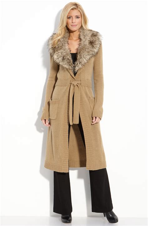 michael michael kors sweater coat w removable faux-fur collar|faux fur coat.